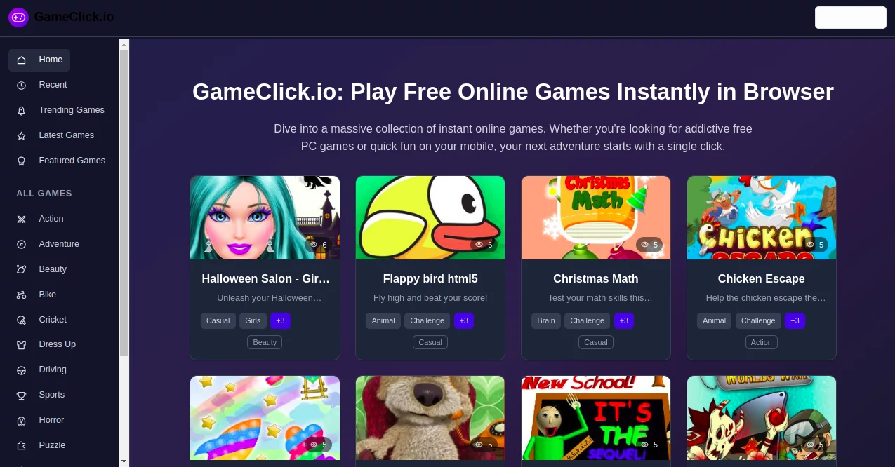 Screenshot of GameClick.io – An AI tool in the ,AI Game ,AI Education Assistant ,AI Productivity Tools  category, showcasing its interface and key features.