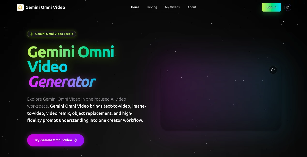 Screenshot of Gemini Omni Video – An AI tool in the ,AI Video Generator ,AI Video Editor ,AI Text to Video ,AI Voice Assistants  category, showcasing its interface and key features.