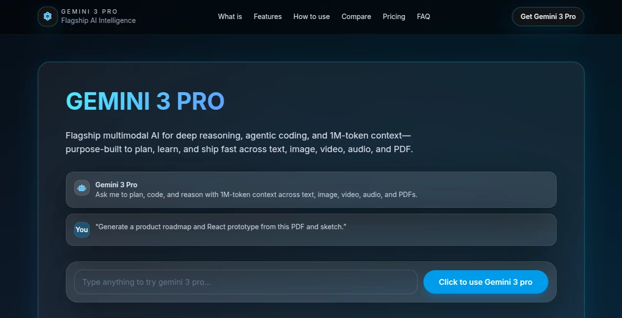 Screenshot of Gemini 3 pro – An AI tool in the ,AI Code Generator ,AI Developer Tools ,AI Research Tool ,AI Workflow Management  category, showcasing its interface and key features.