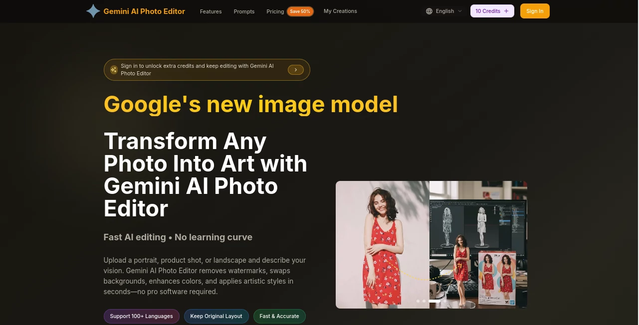 Screenshot of Gemini AI Photo Editor – An AI tool in the ,AI Photo & Image Generator ,Photo & Image Editor ,AI Photo Enhancer ,AI Image to Image  category, showcasing its interface and key features.