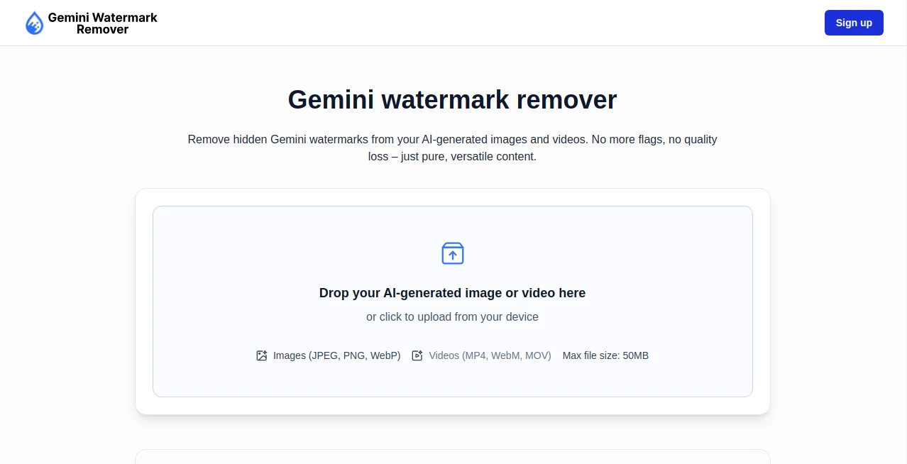 Screenshot of Gemini Watermark Remover – An AI tool in the ,Photo & Image Editor ,AI Image to Image ,AI Design Generator  category, showcasing its interface and key features.