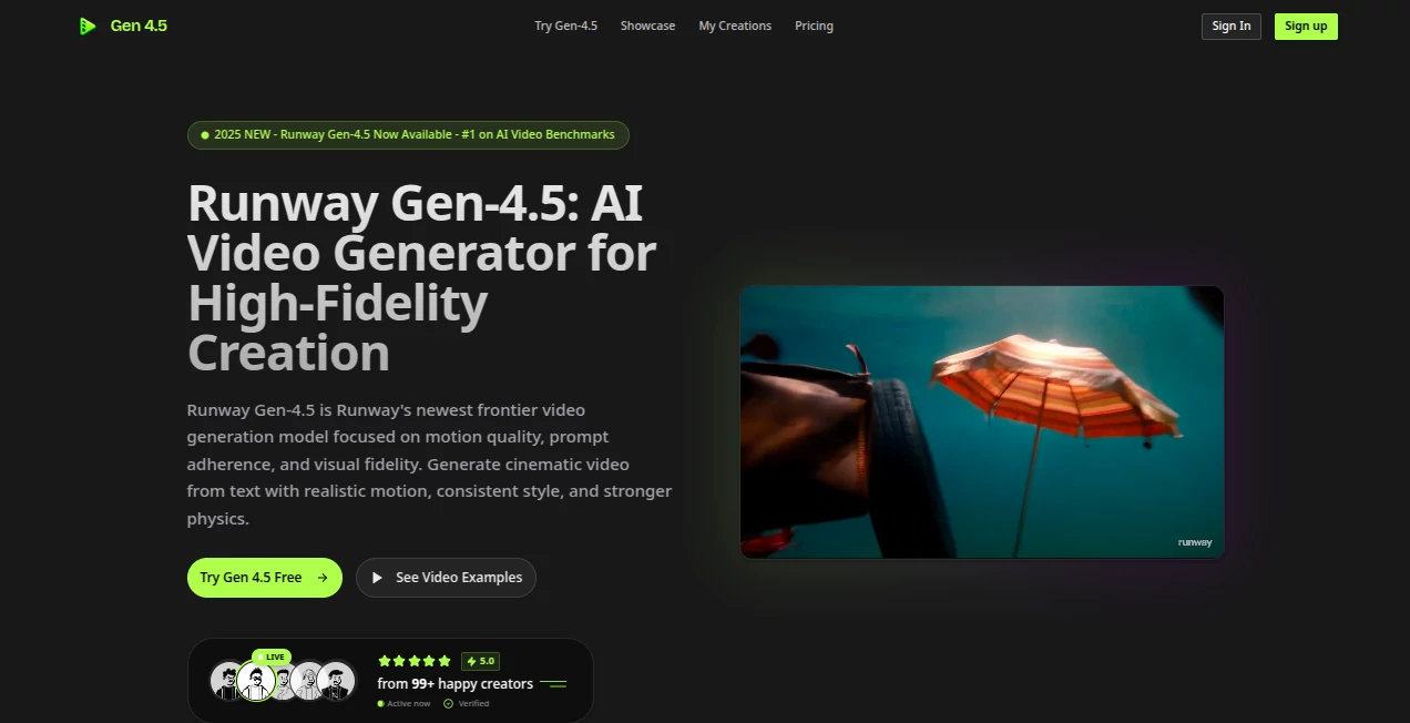 Screenshot of Runway Gen-4.5 – An AI tool in the ,AI Animated Video ,AI Image to Video ,AI Text to Video ,AI Video Generator  category, showcasing its interface and key features.
