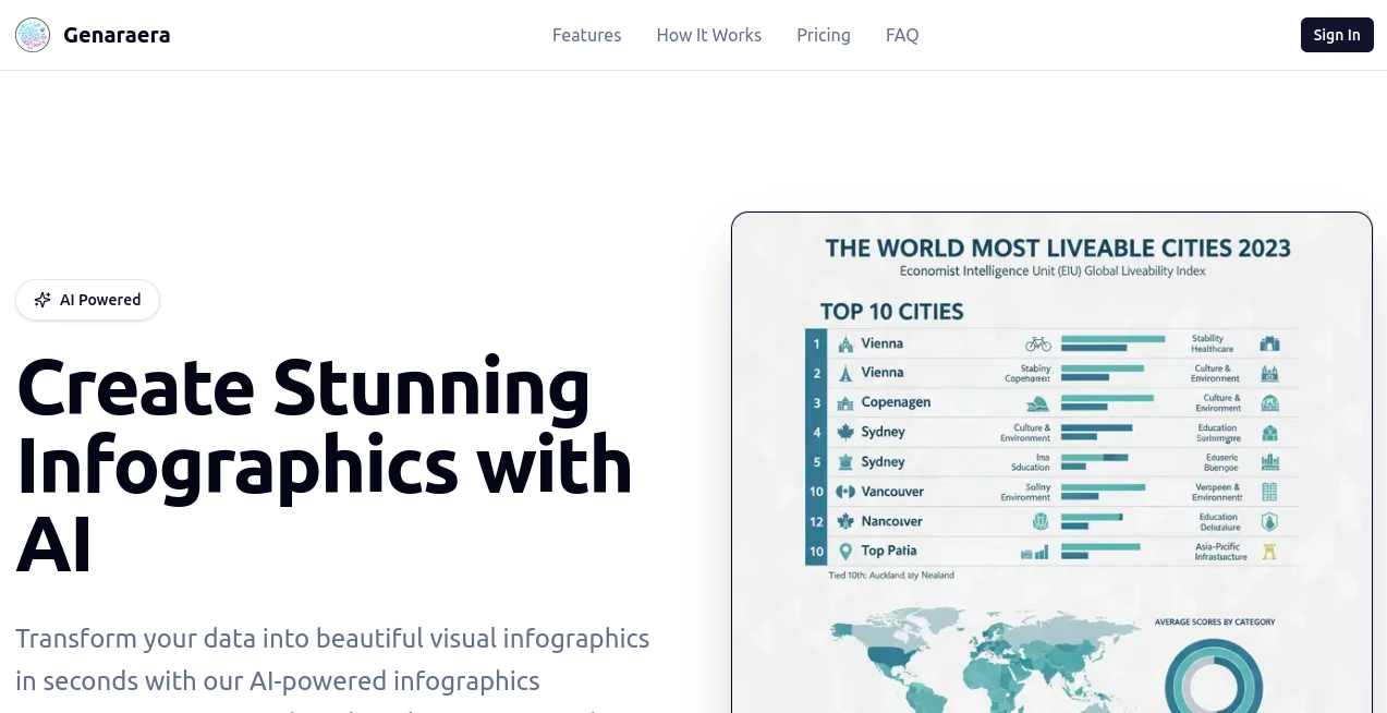 Screenshot of Genaraera – An AI tool in the ,AI Content Generator ,AI Charting ,AI Design Generator ,AI Presentation Generator  category, showcasing its interface and key features.