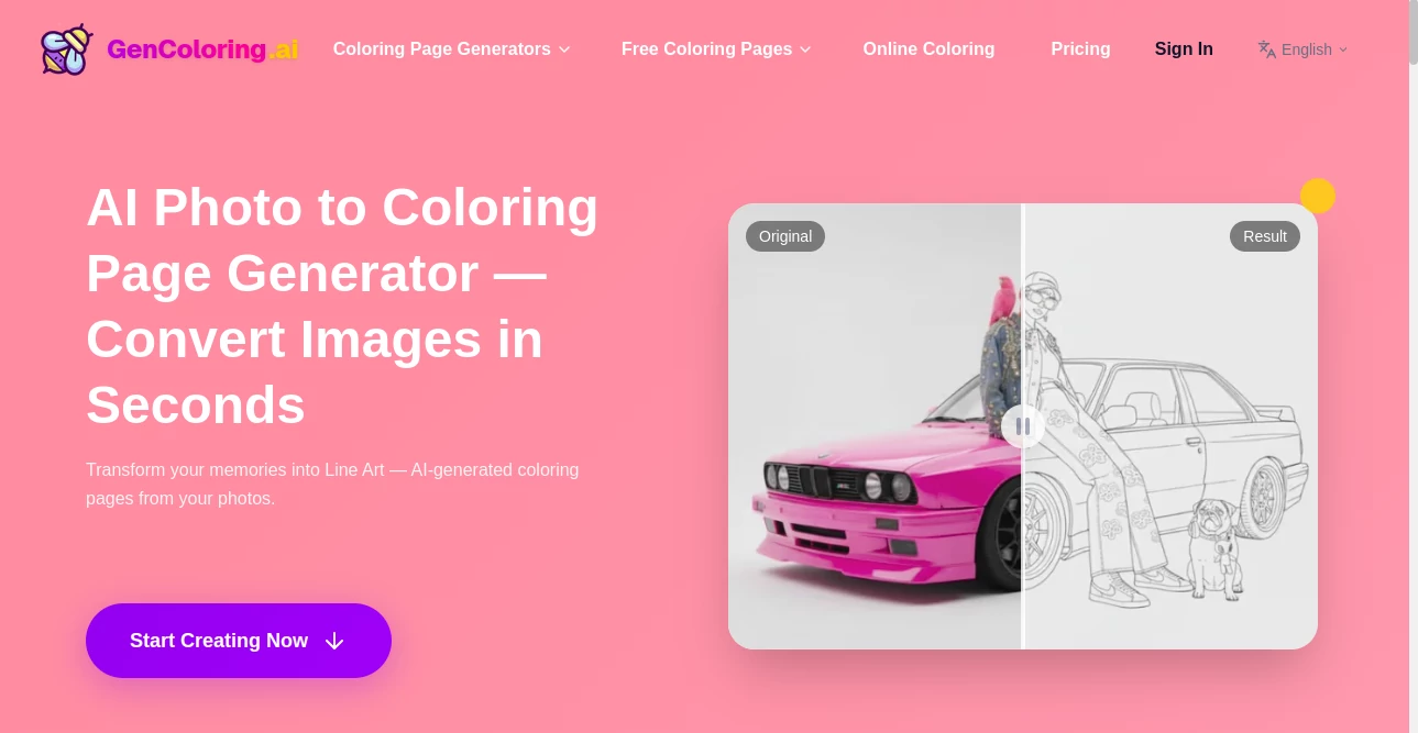 Screenshot of GenColoring.ai – An AI tool in the ,Photo & Image Editor ,AI Photo Enhancer ,AI Image to Image ,AI Design Generator  category, showcasing its interface and key features.
