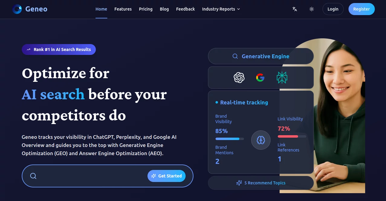 Screenshot of Geneo – An AI tool in the ,AI Content Generator ,AI Research Tool ,AI SEO Assistant ,AI Marketing Plan Generator  category, showcasing its interface and key features.
