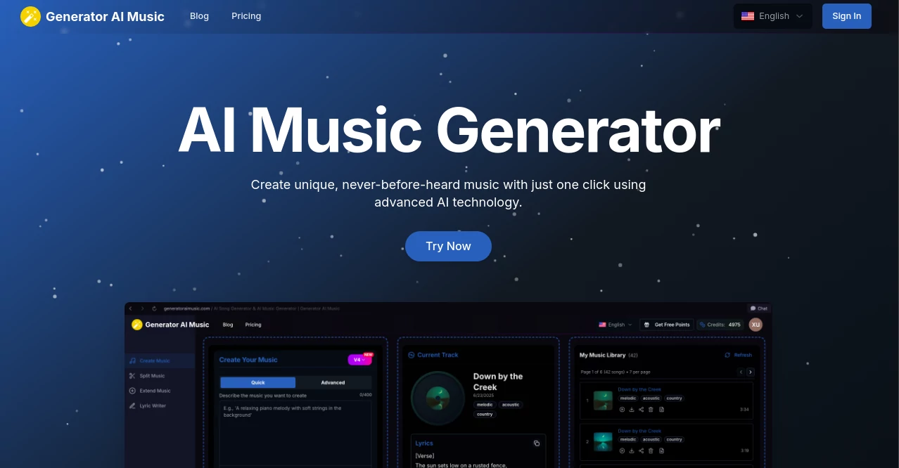Screenshot of Generator AI Music – An AI tool in the ,AI Content Generator ,AI Music Generator ,AI Productivity Tools  category, showcasing its interface and key features.