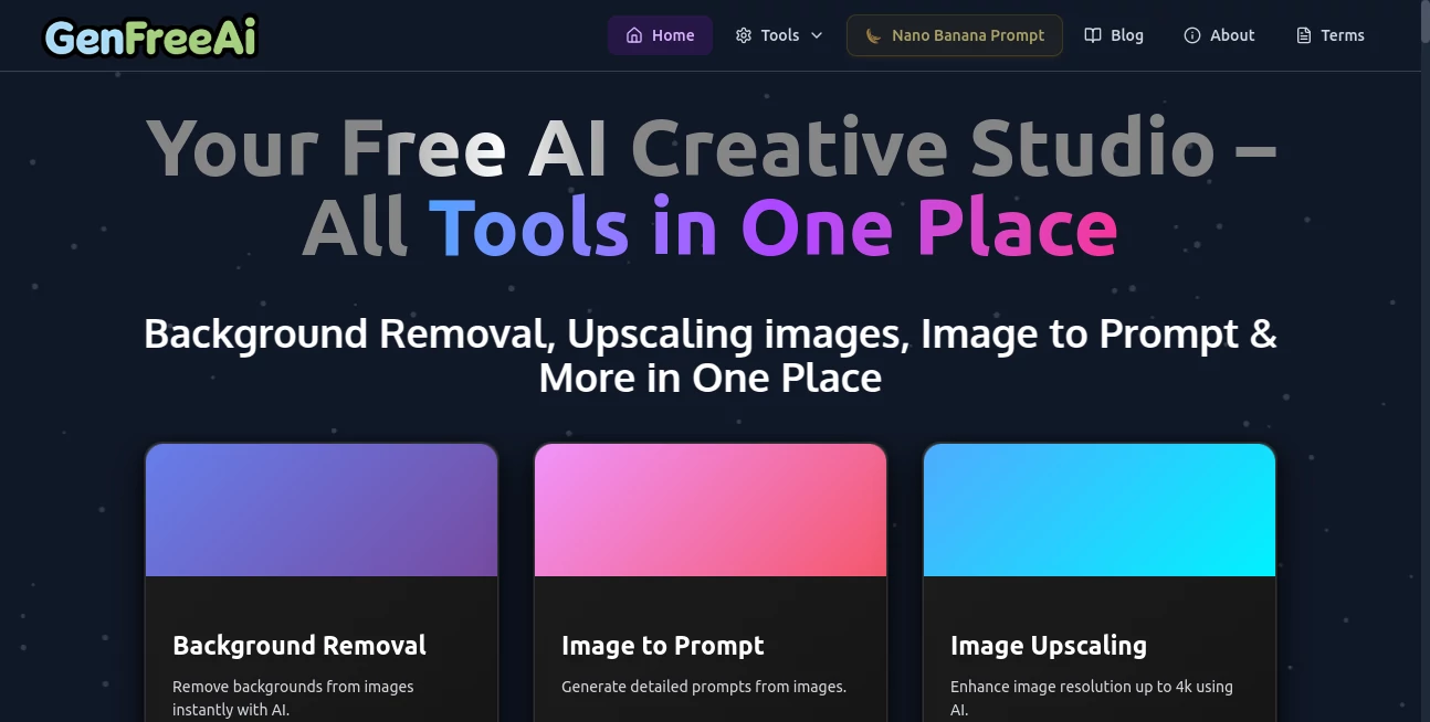 Screenshot of GenFreeAI – An AI tool in the ,AI Text to Image ,AI Photo & Image Generator ,AI Art Generator ,AI Design Generator  category, showcasing its interface and key features.