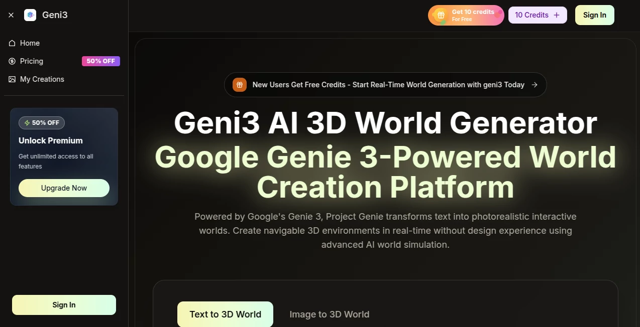 Screenshot of genie3 – An AI tool in the ,AI 3D Model Generator ,AI Text to 3D ,AI Image to 3D Model ,AI Design Generator  category, showcasing its interface and key features.