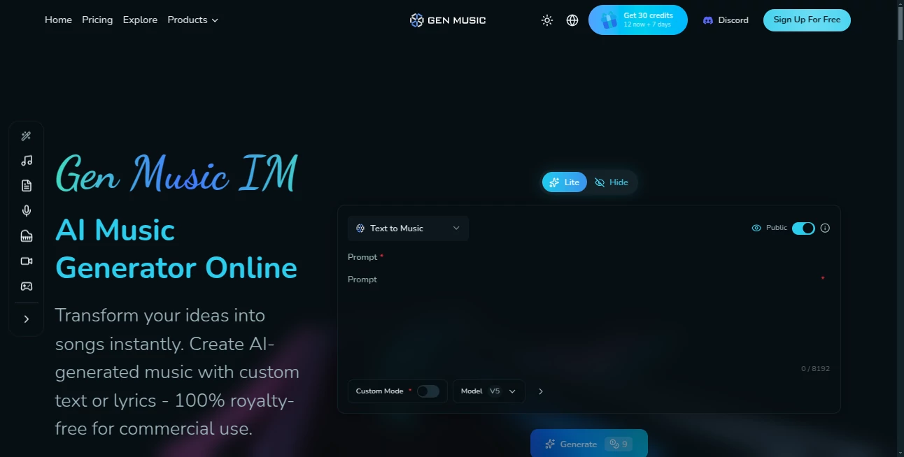 Screenshot of GenMusic Im – An AI tool in the ,AI Lyrics Generator ,AI Music Generator ,AI Text to Music ,AI Singing Generator  category, showcasing its interface and key features.