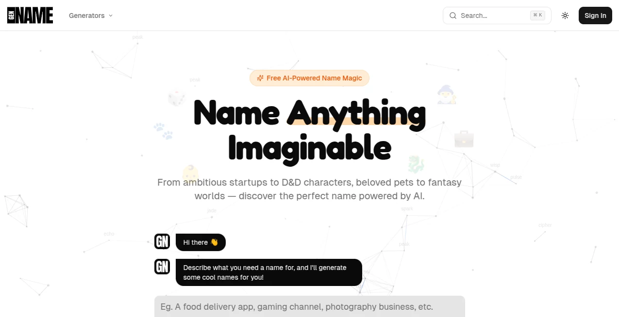 Screenshot of GenName – An AI tool in the ,AI Business Ideas Generator ,AI Domain Name Generator  category, showcasing its interface and key features.