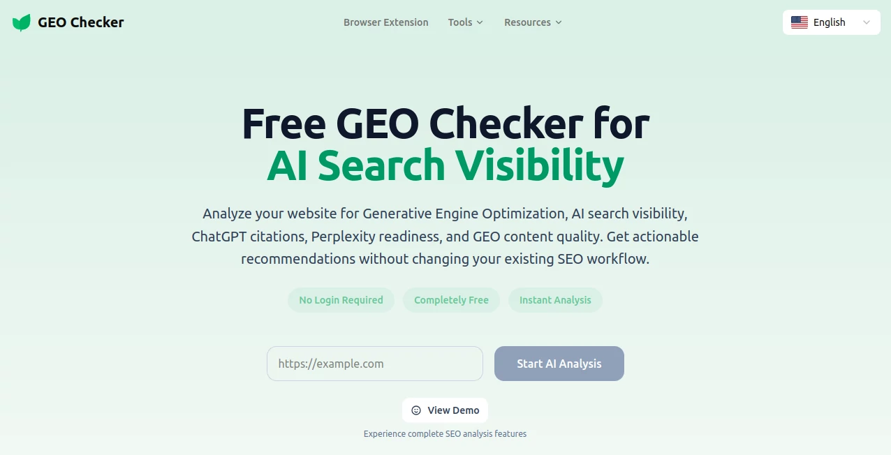 Screenshot of GEO Checker – An AI tool in the ,AI Research Tool ,AI Analytics Assistant ,AI SEO Assistant ,AI Marketing Plan Generator  category, showcasing its interface and key features.