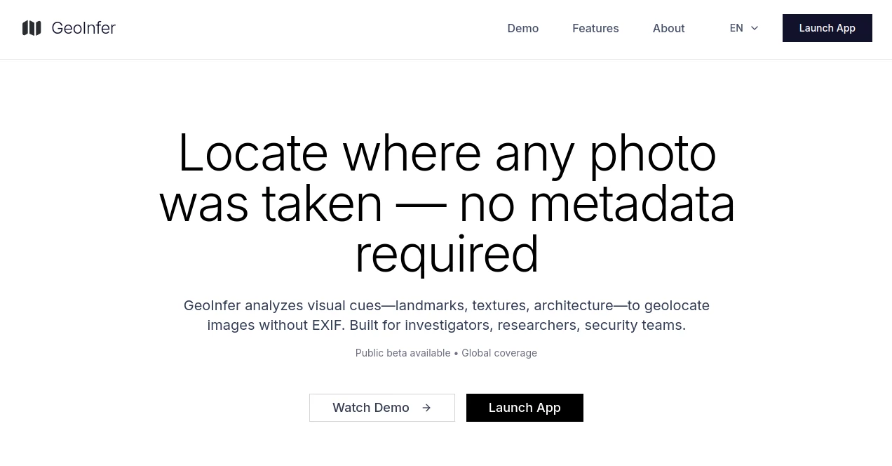 Screenshot of GeoInfer – An AI tool in the ,AI Image Recognition ,AI Maps Generator ,AI Data Mining ,AI Research Tool  category, showcasing its interface and key features.
