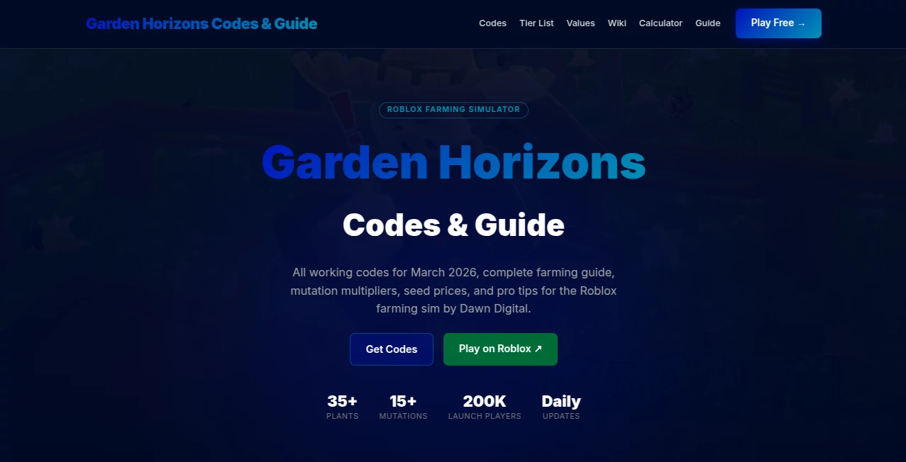 Screenshot of Garden Horizons Codes & Guide – An AI tool in the ,AI Fun Tools  category, showcasing its interface and key features.