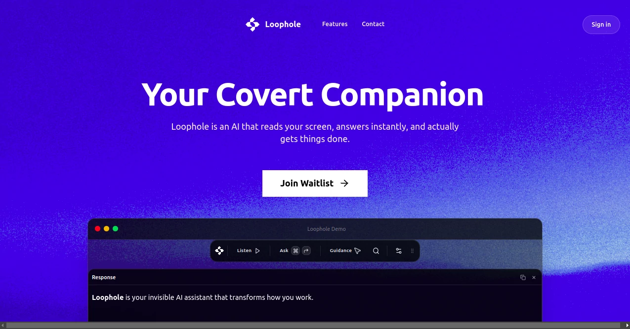 Screenshot of Loophole – An AI tool in the ,AI Productivity Tools ,AI Task Management ,AI Meeting Assistant ,AI Workflow Management  category, showcasing its interface and key features.