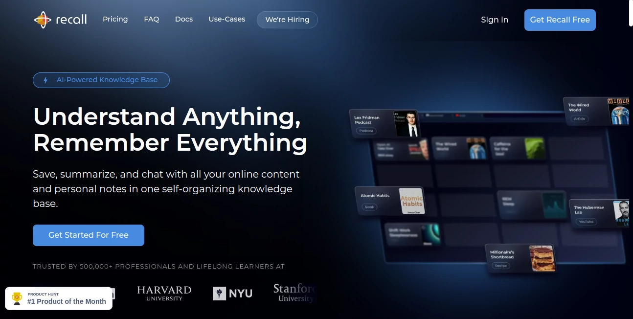 Screenshot of Recall – An AI tool in the ,AI Search Engine ,AI Knowledge Management ,AI Productivity Tools ,AI Notes Assistant  category, showcasing its interface and key features.