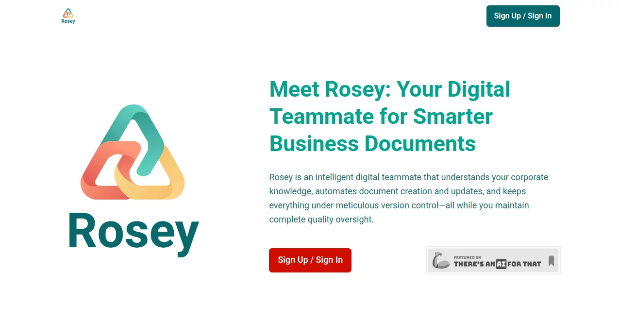 Screenshot of Meet Rosey – An AI tool in the ,AI Knowledge Management ,AI Workflow Management ,AI Contract Management ,AI Documents Assistant  category, showcasing its interface and key features.