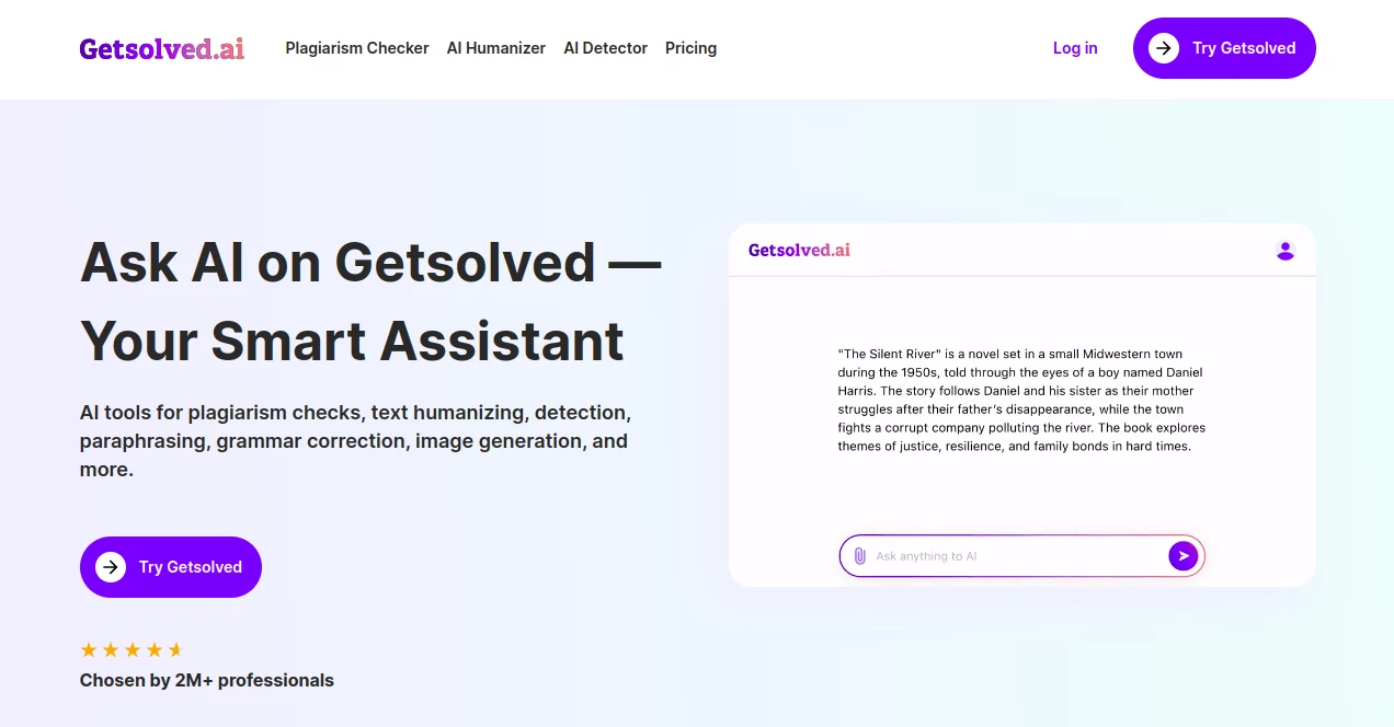 Screenshot of Getsolved Answer AI – An AI tool in the ,AI Summarizer ,AI Plagiarism Checker ,AI Grammar Checker ,AI Homework Helper  category, showcasing its interface and key features.