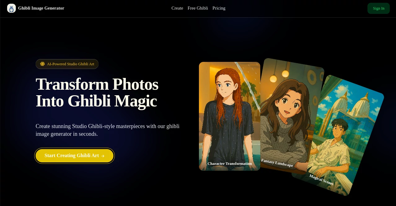 Screenshot of Ghibli Image Generator – An AI tool in the ,AI Photo & Image Generator ,AI Illustration Generator ,AI Art Generator ,AI Background Generator ,AI Tutorial ,AI Anime Art ,Prompt ,AI Landscape Generator ,AI Anime & Cartoon Generator  category, showcasing its interface and key features.