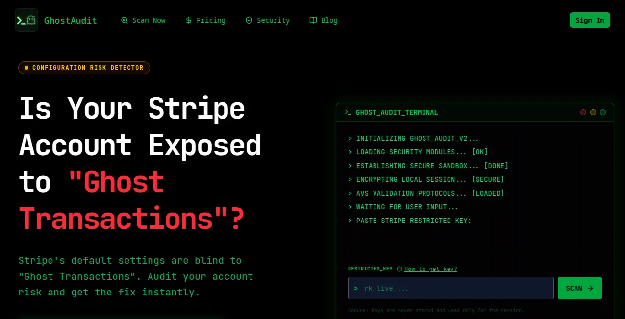 Screenshot of GhostAudit – An AI tool in the ,AI Consulting Assistant ,AI E-commerce Assistant ,AI Analytics Assistant  category, showcasing its interface and key features.