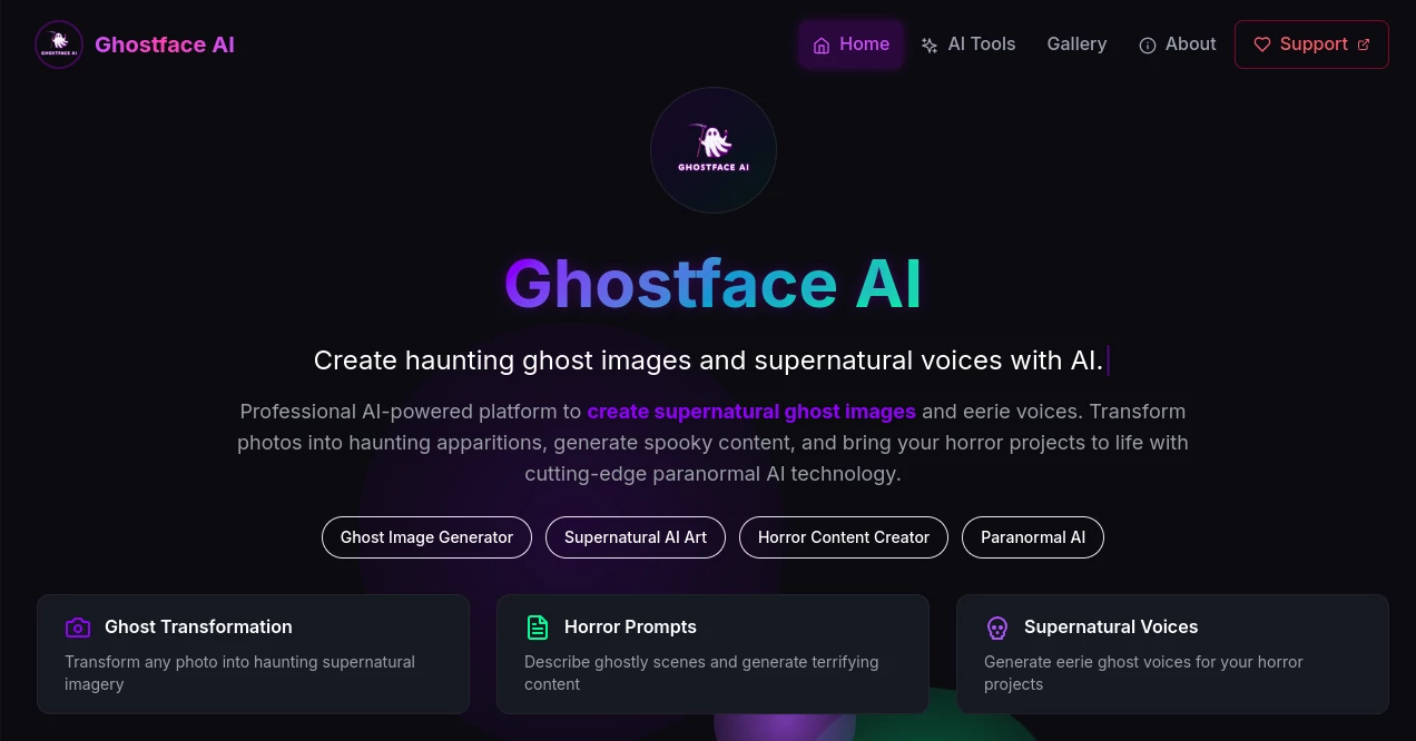 Screenshot of Ghostface AI – An AI tool in the ,AI Photo & Image Generator ,AI Voice Changer ,AI Singing Generator ,AI Art Generator  category, showcasing its interface and key features.
