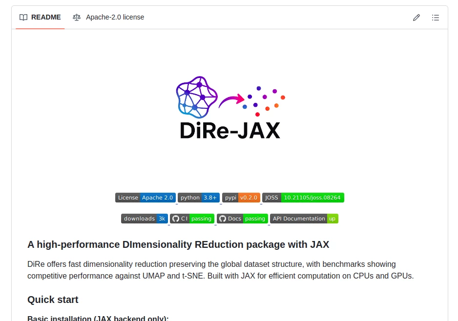 Screenshot of DiRe-JAX – An AI tool in the ,AI Data Mining ,AI Developer Tools ,AI Research Tool ,Other ,Github Repos  category, showcasing its interface and key features.
