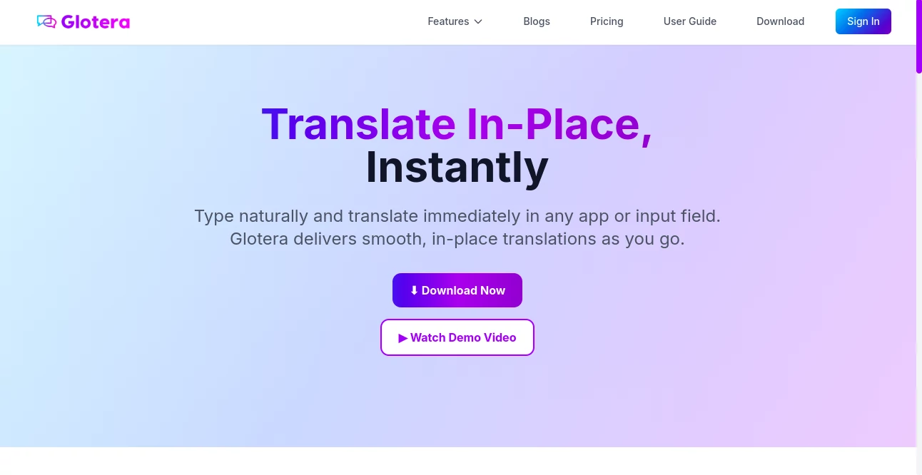 Screenshot of Glotera AI – An AI tool in the ,AI Translate  category, showcasing its interface and key features.