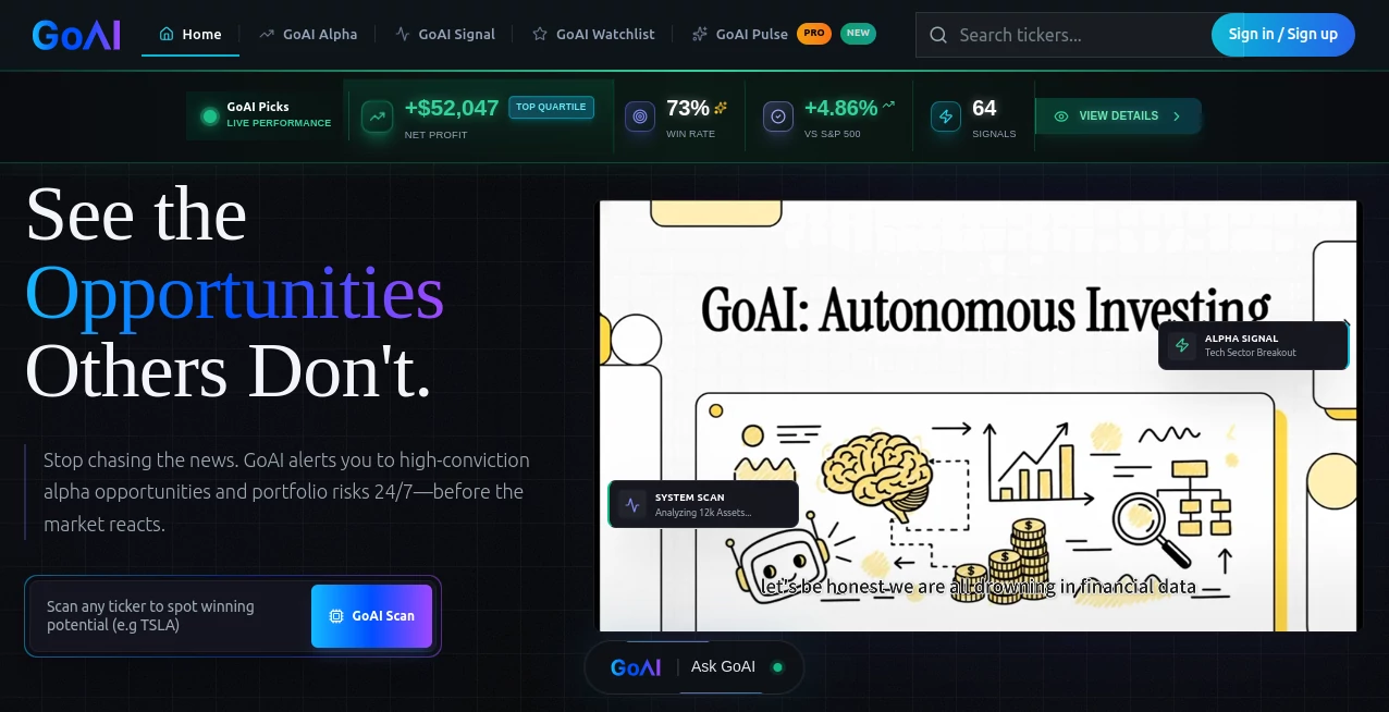 Screenshot of GoAI – An AI tool in the ,AI Research Tool ,AI Trading Bot Assistant ,AI Investing Assistant  category, showcasing its interface and key features.