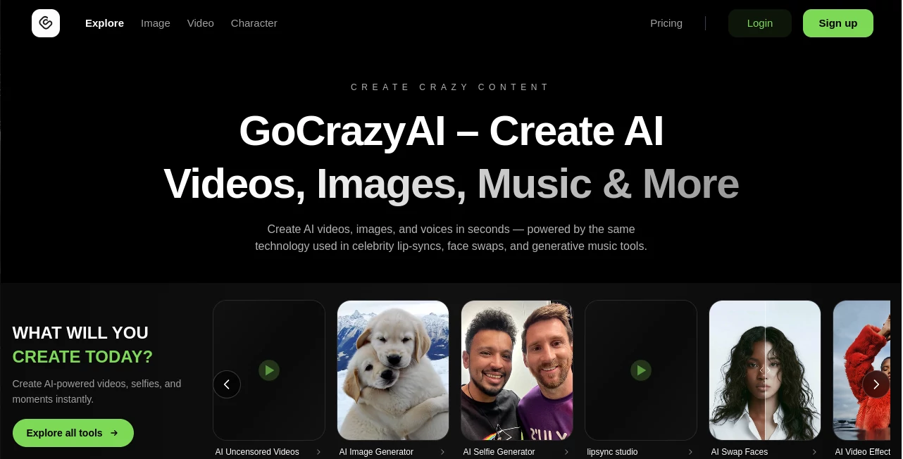 Screenshot of GoCrazyAI – An AI tool in the ,AI Photo & Image Generator ,AI Face Swap Generator ,AI Video Generator ,AI Lip Sync Generator  category, showcasing its interface and key features.