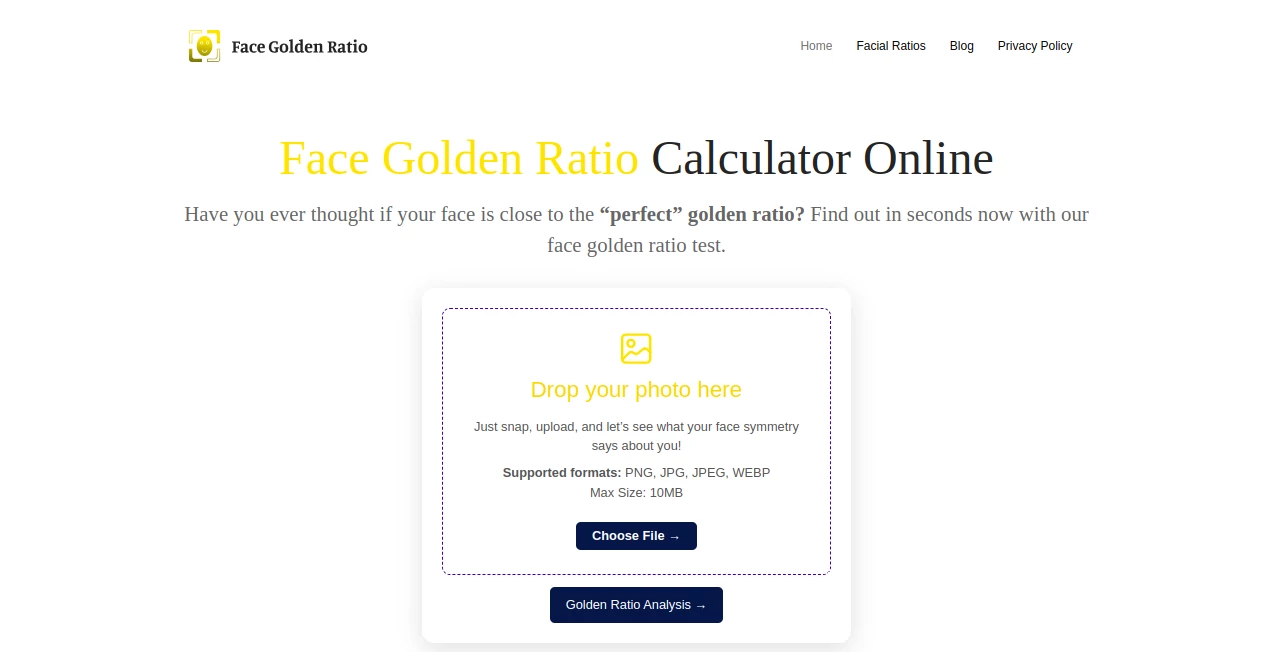 Screenshot of Golden Ratio Face Test – An AI tool in the ,Photo & Image Editor ,AI Photo Enhancer ,AI Photography ,AI Selfie & Portrait  category, showcasing its interface and key features.