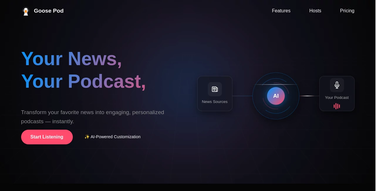 Screenshot of Goose Pod – An AI tool in the ,AI Podcast Assistant ,AI Text to Speech ,AI Voice & Audio Editing  category, showcasing its interface and key features.