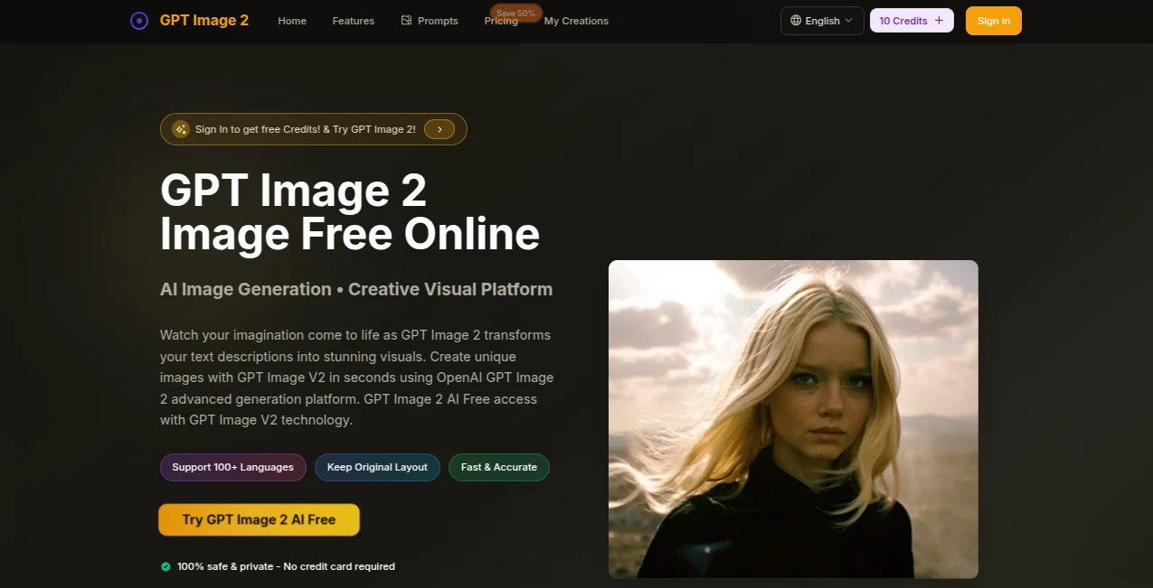 Screenshot of GPT Image 2 – An AI tool in the ,AI Text to Image ,AI Photo & Image Generator ,Photo & Image Editor ,AI Art Generator  category, showcasing its interface and key features.