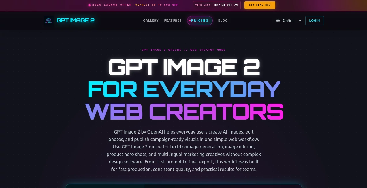 Screenshot of GPT Image 2 – An AI tool in the ,AI Photo & Image Generator ,AI Poster Generator ,AI Art Generator ,AI Design Generator  category, showcasing its interface and key features.
