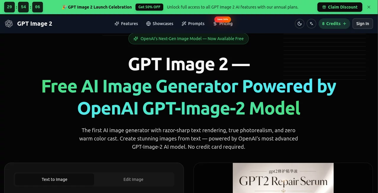 Screenshot of GPT Image 2 Art – An AI tool in the ,AI Photo & Image Generator ,AI Poster Generator ,AI Graphic Design  category, showcasing its interface and key features.