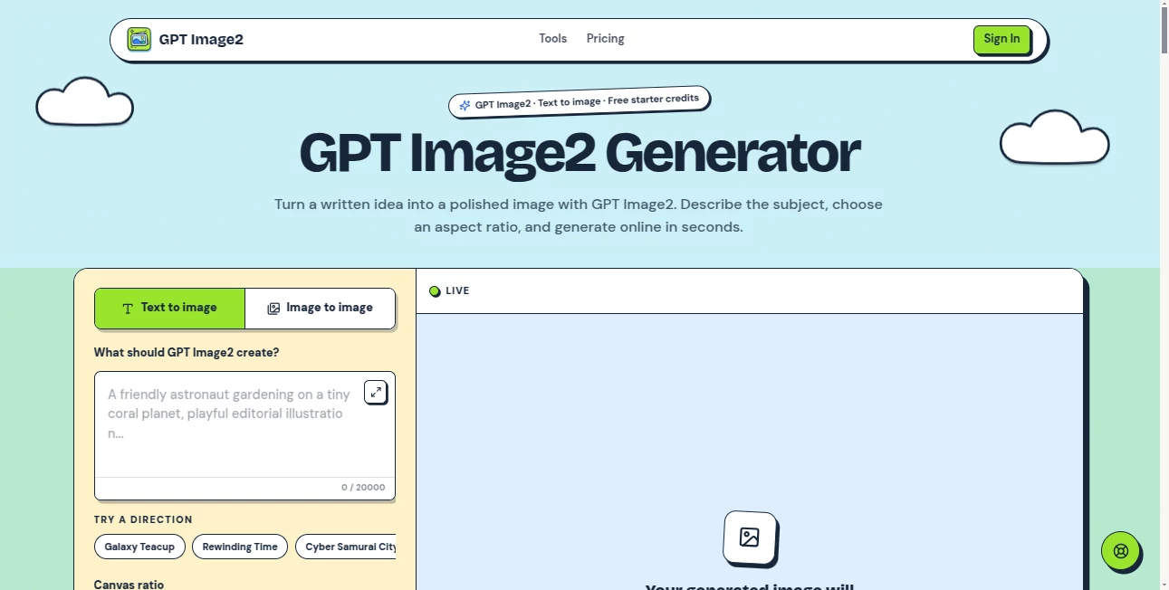 Screenshot of GPT IMAGE2 – An AI tool in the ,AI Photo & Image Generator ,AI Design Generator ,AI Image to Image ,AI Text to Image  category, showcasing its interface and key features.