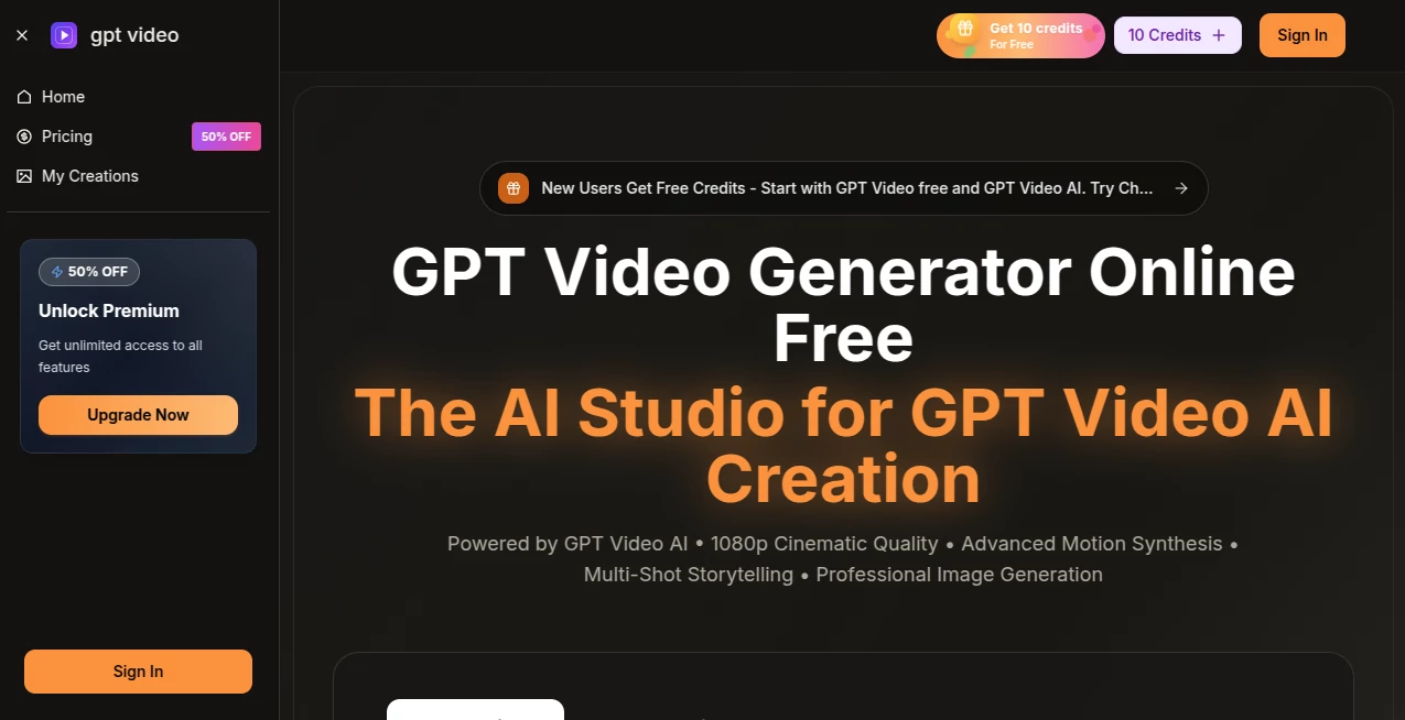 Screenshot of gpt video – An AI tool in the ,AI Animated Video ,AI Image to Video ,AI Video Generator ,AI Text to Video  category, showcasing its interface and key features.