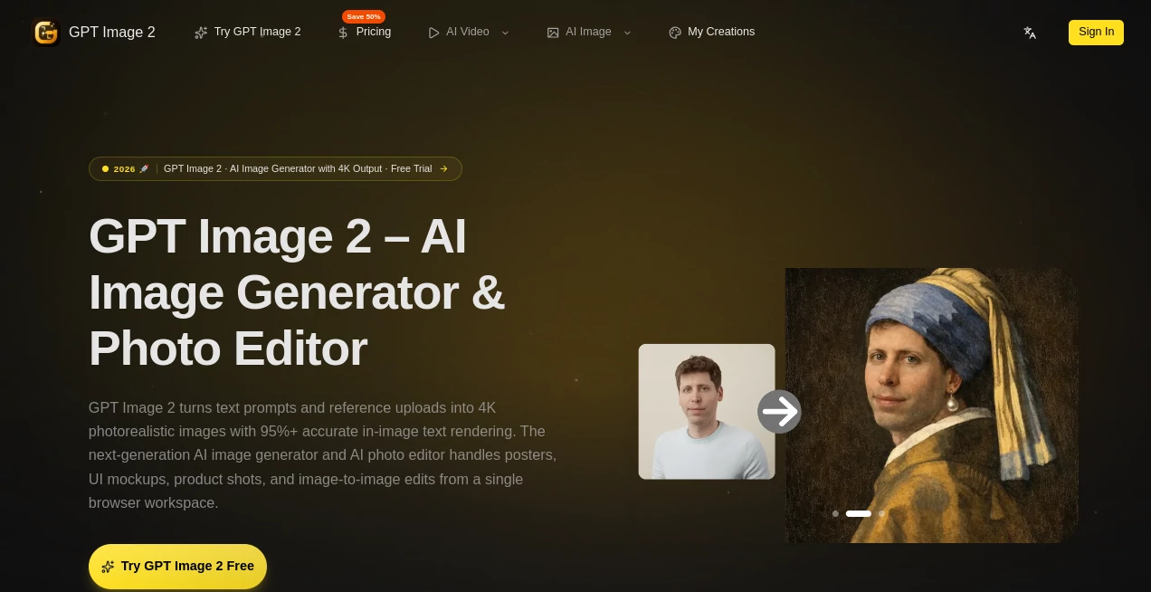 Screenshot of GPT Image 2 – An AI tool in the ,AI Photo & Image Generator ,AI Design Assistant ,AI Content Generator ,AI Background Generator  category, showcasing its interface and key features.