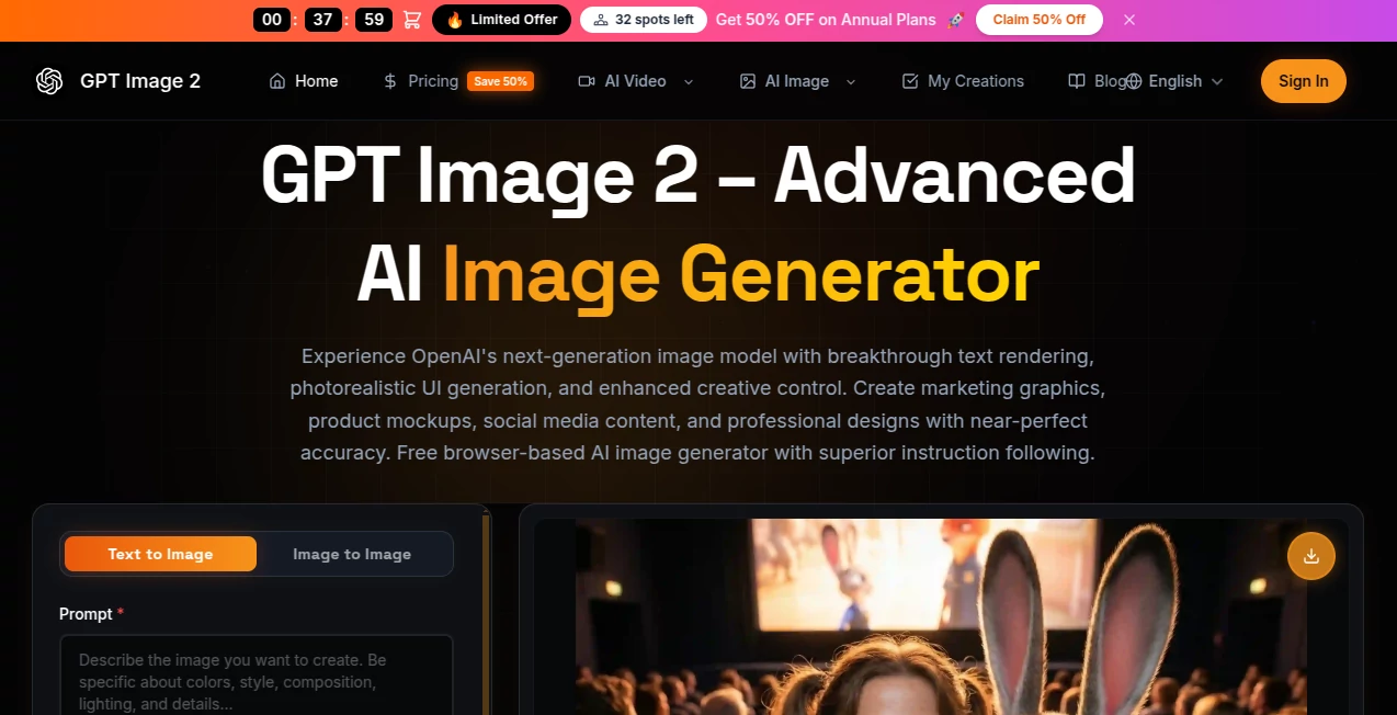 Screenshot of GPT Image 2 – An AI tool in the ,AI Photo & Image Generator ,AI Design Assistant ,AI Text to Image  category, showcasing its interface and key features.