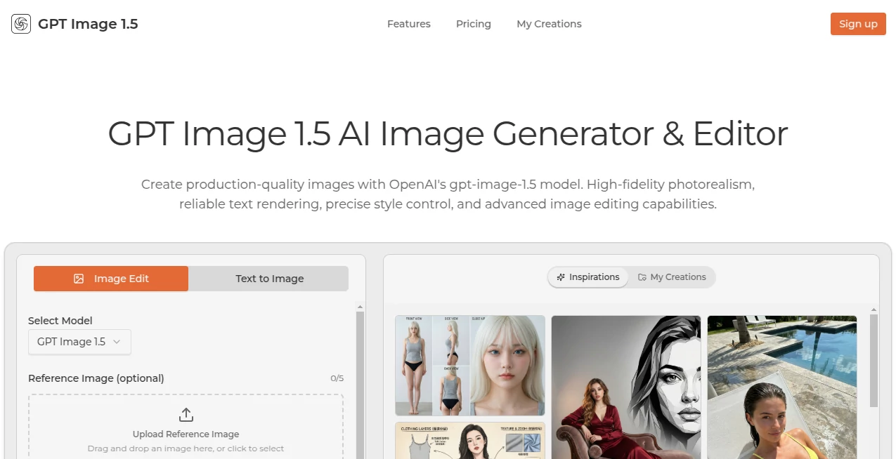 Screenshot of GPT Image 1.5 – An AI tool in the ,AI Photo & Image Generator ,Photo & Image Editor ,AI Art Generator ,AI Text to Image  category, showcasing its interface and key features.