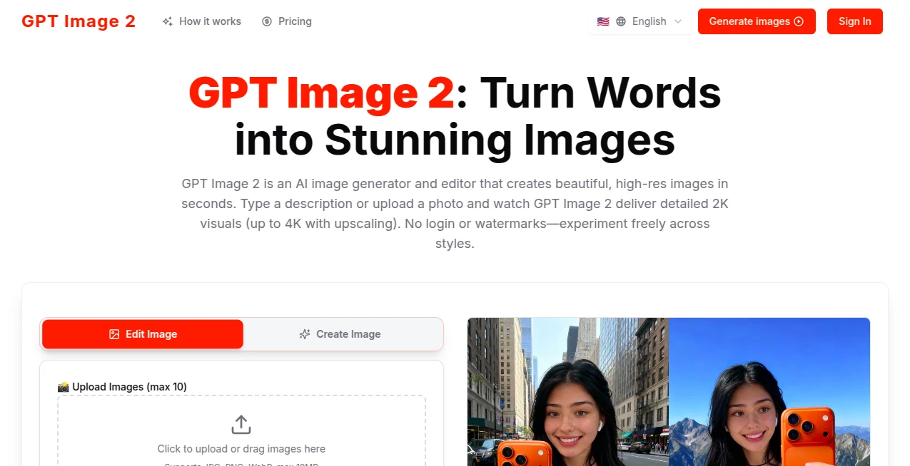 Screenshot of GPT Image 2 – An AI tool in the ,AI Text to Image ,AI Photo & Image Generator ,AI Art Generator ,AI Design Generator  category, showcasing its interface and key features.