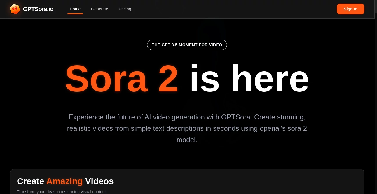 Screenshot of GPTSora – An AI tool in the ,AI Content Generator ,AI Animated Video ,AI Text to Video ,AI Video Generator  category, showcasing its interface and key features.