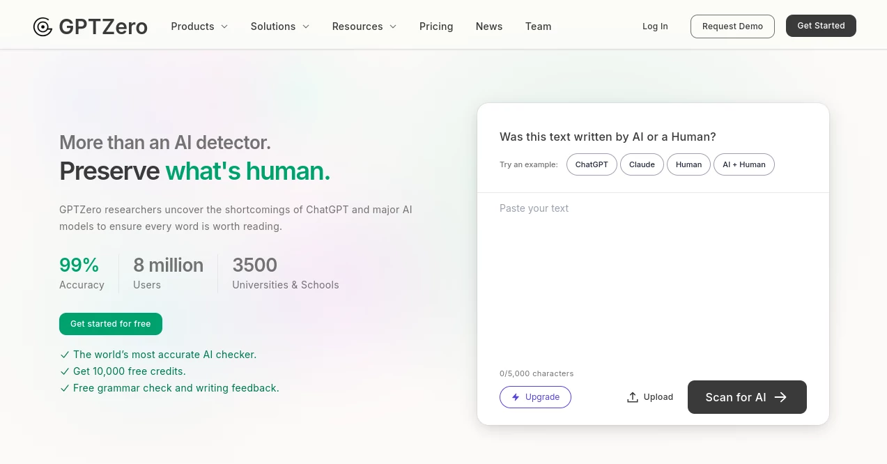 Screenshot of GPTZero – An AI tool in the ,Large Language Models (LLMs) ,AI Tools Directory ,AI Writing Assistants ,AI Detector ,AI Content Detector  category, showcasing its interface and key features.