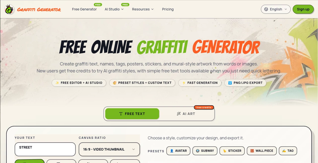 Screenshot of Graffiti Generator – An AI tool in the ,AI Photo & Image Generator ,AI Art Generator ,AI Graphic Design ,AI Text to Image  category, showcasing its interface and key features.
