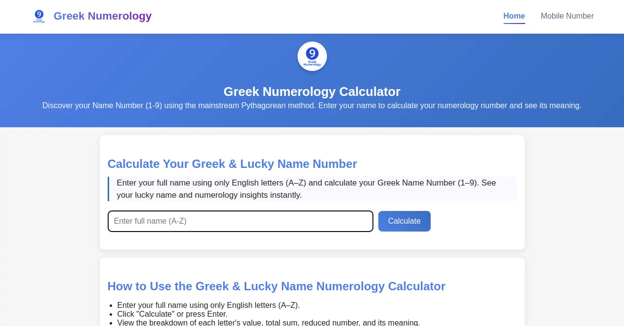 Screenshot of Greek Numerology Calculator – An AI tool in the ,AI Life Assistant ,AI Fun Tools ,AI Research Tool ,Other  category, showcasing its interface and key features.