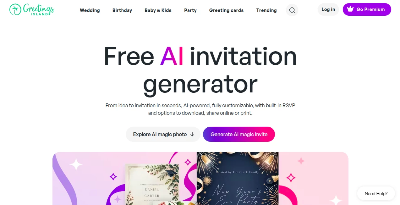 Screenshot of Greetings Island - AI invitation generator – An AI tool in the ,AI Creative Writing ,AI Design Generator ,AI Fun Tools  category, showcasing its interface and key features.