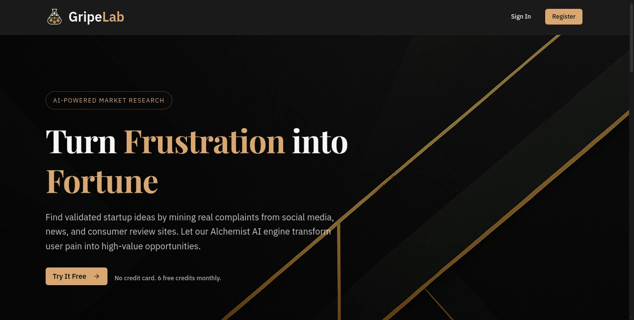 Screenshot of GripeLab – An AI tool in the ,AI Research Tool ,AI Business Ideas Generator ,AI Consulting Assistant ,AI Marketing Plan Generator  category, showcasing its interface and key features.