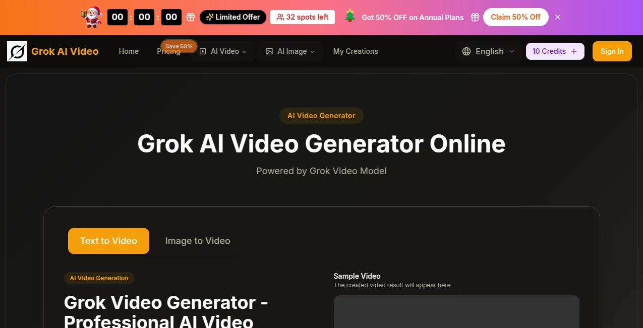 Screenshot of grok ai video – An AI tool in the ,AI Animated Video ,AI Image to Video ,AI Text to Video ,AI Video Generator  category, showcasing its interface and key features.