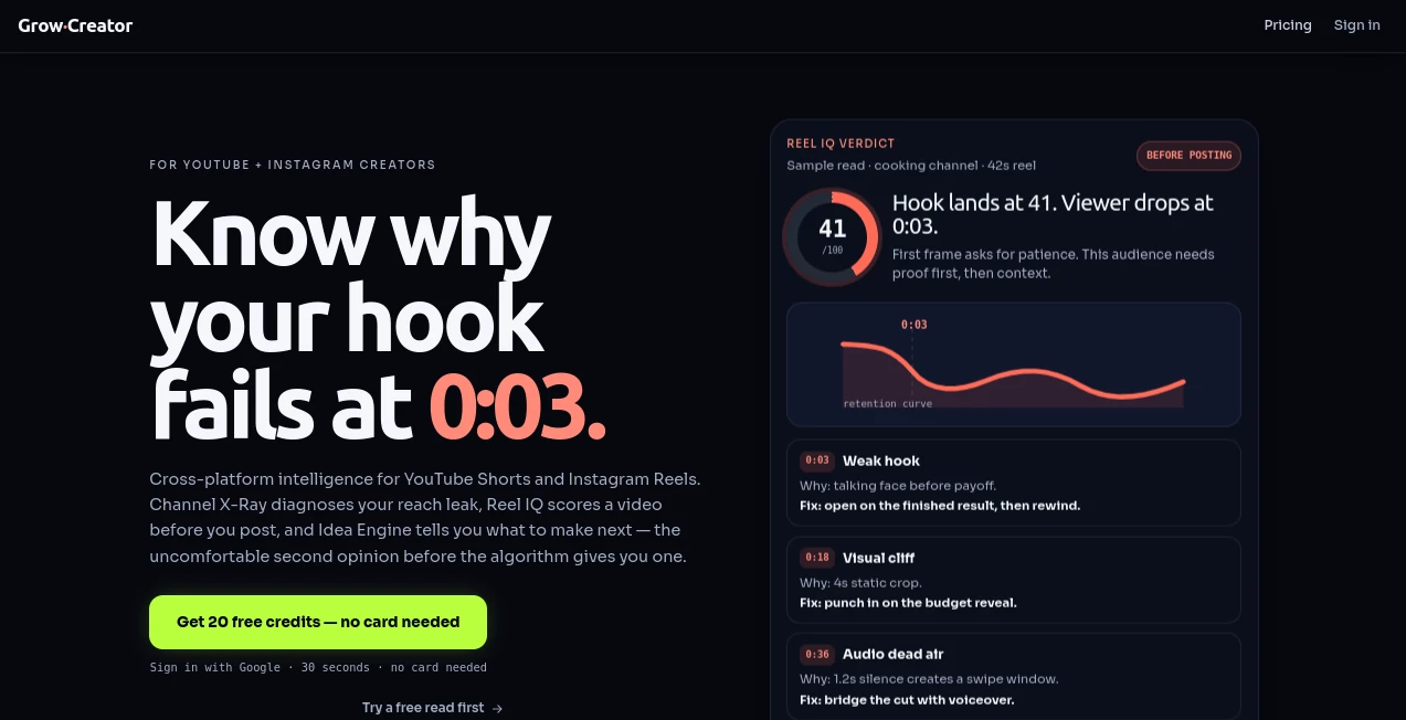 Screenshot of Grow Creator – An AI tool in the ,AI YouTube Assistant ,AI Analytics Assistant ,AI SEO Assistant ,AI Productivity Tools  category, showcasing its interface and key features.