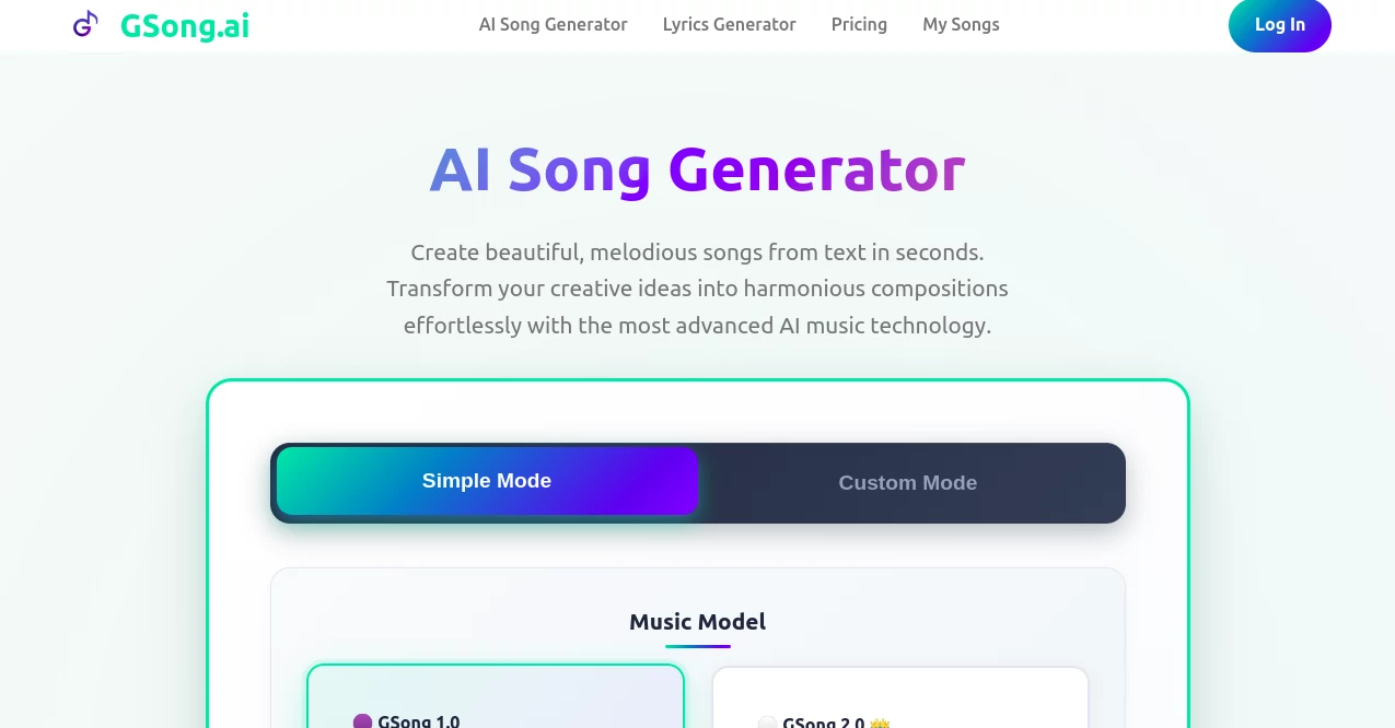 Screenshot of GSong AI – An AI tool in the ,AI Music Generator ,AI Text to Music ,AI Singing Generator  category, showcasing its interface and key features.
