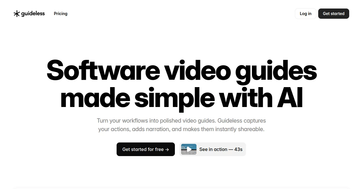 Screenshot of Guideless AI – An AI tool in the ,AI Video Generator ,AI Tutorial ,AI Presentation Generator ,AI SOP  category, showcasing its interface and key features.