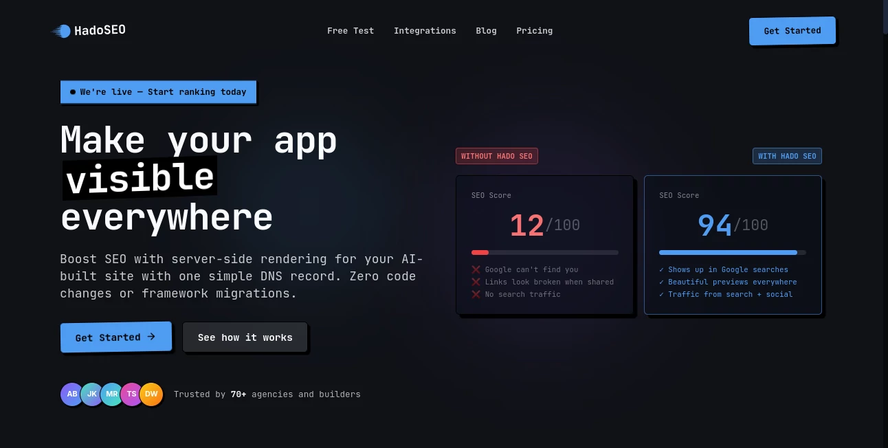 Screenshot of Hado SEO – An AI tool in the ,AI Content Generator ,AI SEO Assistant ,AI Website Designer  category, showcasing its interface and key features.